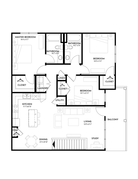 Floor plan for 3 beds, 2 baths, 1430 sqft